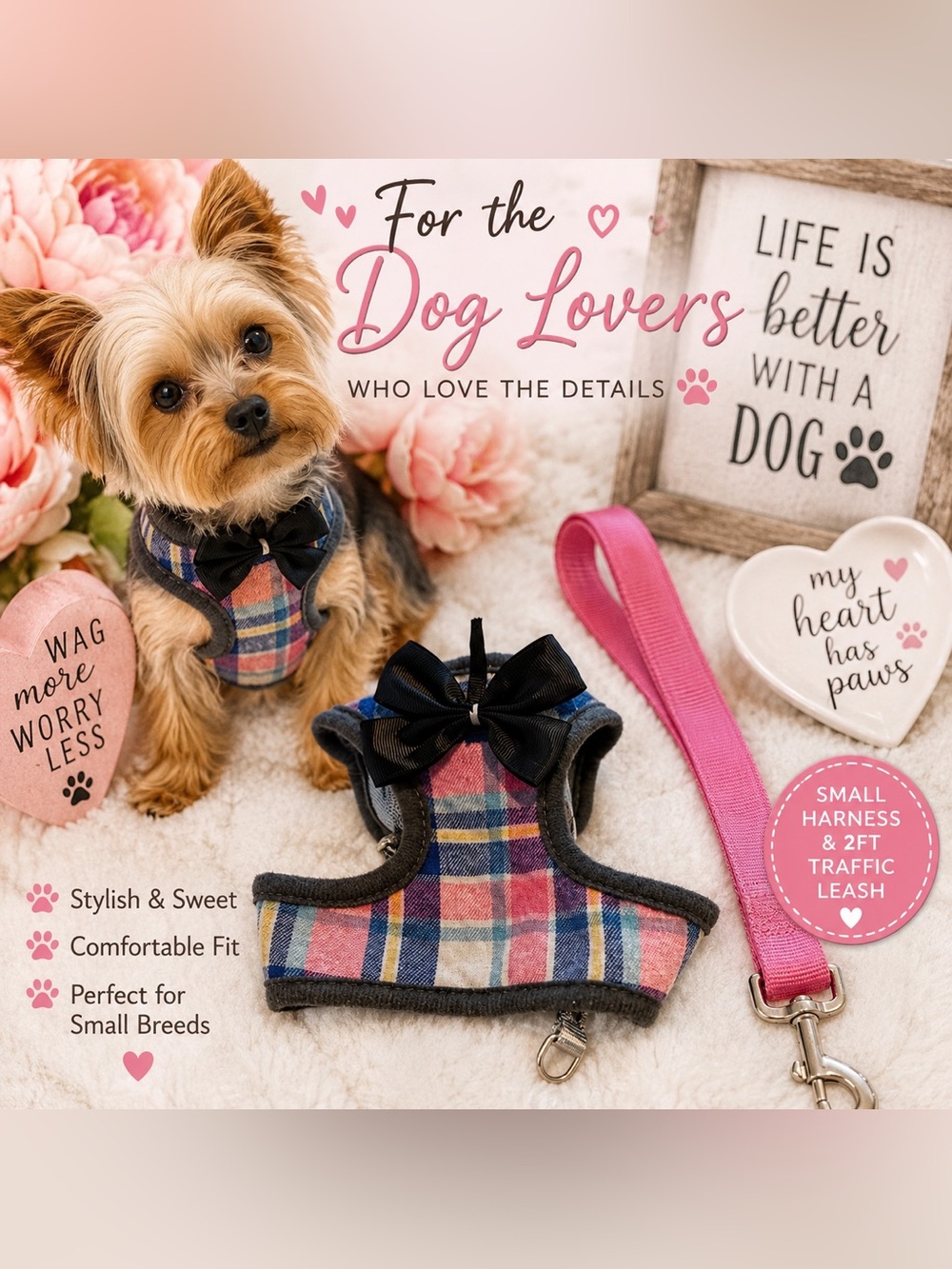 Small Plaid Dog Harness with Black Bow & 2-Foot Pink Traffic Leash